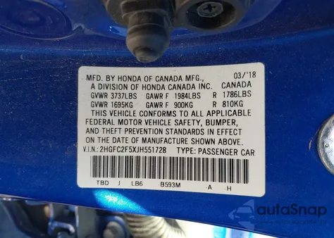 2018 Honda Civic Lx из США, поврежденный, VIN 2HGFC2F5XJH551728